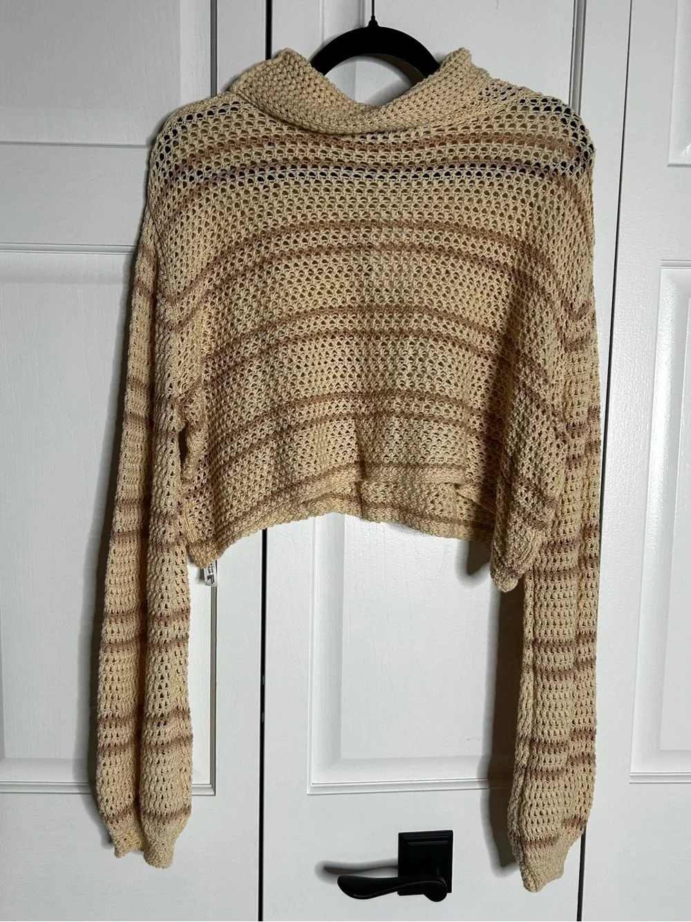 Free People Cropped Open-Knit Turtleneck Sweater in Beige and Brown